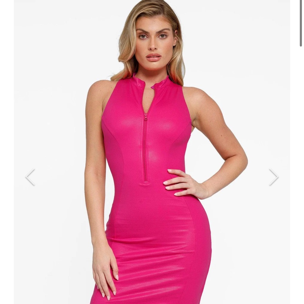 Popilush Built-In Shapewear Leather Mock Neck Midi Dress